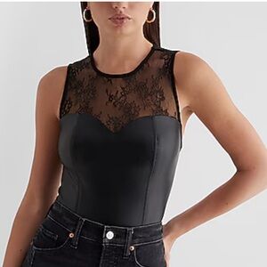 NWT EXPRESS Body Contour High Neck Faux Leather Lace Bodysuit